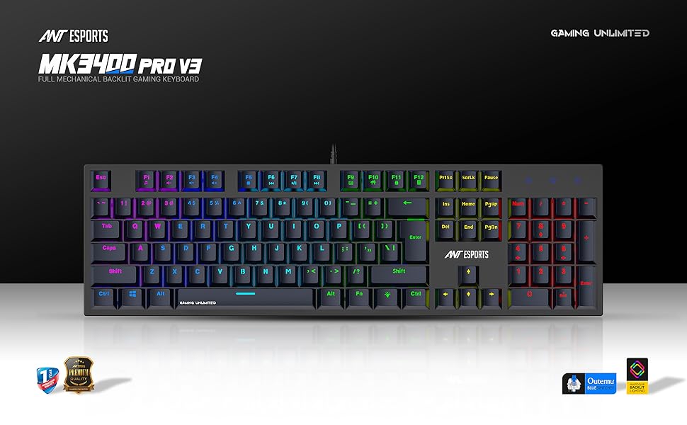 Ant Esports MK3400 V3 Pro Mechanical Gaming Keyboard, RGB 104 Keys Ultra-Slim LED Backlit USB Wired Keyboard with Blue Switch, Durable Keycaps/Anti-Ghosting/Spill-Resistant Mechanical Keyboard for PC