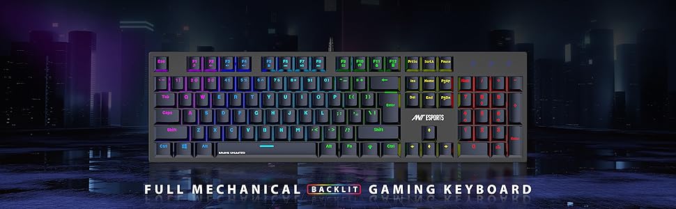 Ant Esports MK3400 V3 Pro Mechanical Gaming Keyboard, RGB 104 Keys Ultra-Slim LED Backlit USB Wired Keyboard with Blue Switch, Durable Keycaps/Anti-Ghosting/Spill-Resistant Mechanical Keyboard for PC