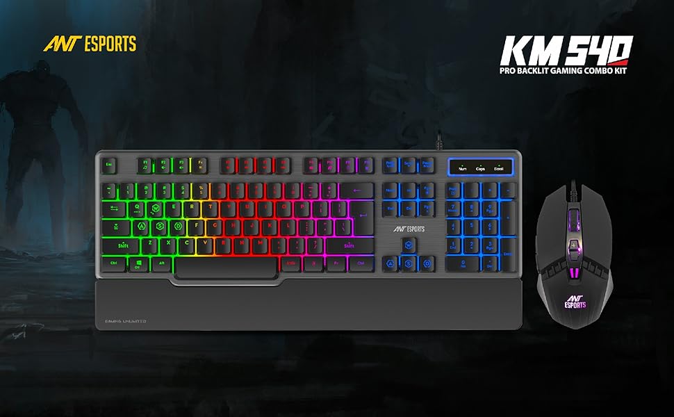 Ant Esports KM540 Gaming Backlit Keyboard and Mouse Combo, LED Wired Gaming Keyboard, Ergonomic & Wrist Rest Keyboard, Programmable Gaming Mouse for PC/Laptop/Mac Black