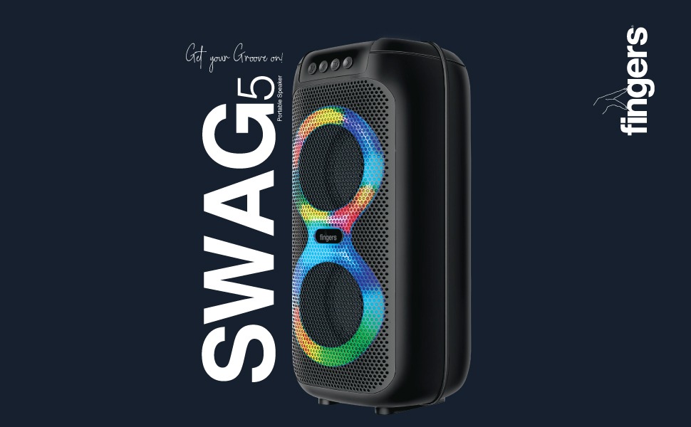 FINGERS Swag5 Bluetooth Portable Speaker (with RGB Lights, 10 W Deep Bass, FM, USB, MicroSD, AUX, Mic in (6.35 mm), Multi-Point Technology, Provisional Slot for Wired/Wireless Mic)