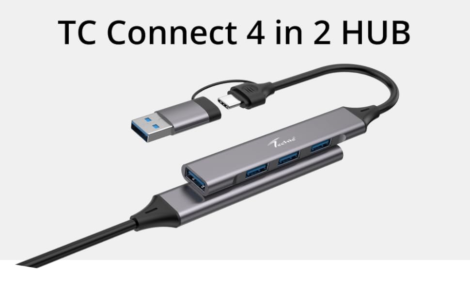 TECHIE 4 in 2 USB HUB with Type-C Hub | 3 x USB 2.0 Ports, 1 x USB 3.0 Port | Multiport Adapter | Multipin USB Port | Universal Compatibility | High Speed | Compact Design | Plug-and-Play