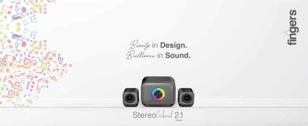 FINGERS StereoCuboid 2.1 Channel Multimedia Speaker (USB Powered | Dual Playback – Bluetooth & AUX | Dazzling RGB Lights | Powerful 13 Watts) - Rich Black + Slate Grey