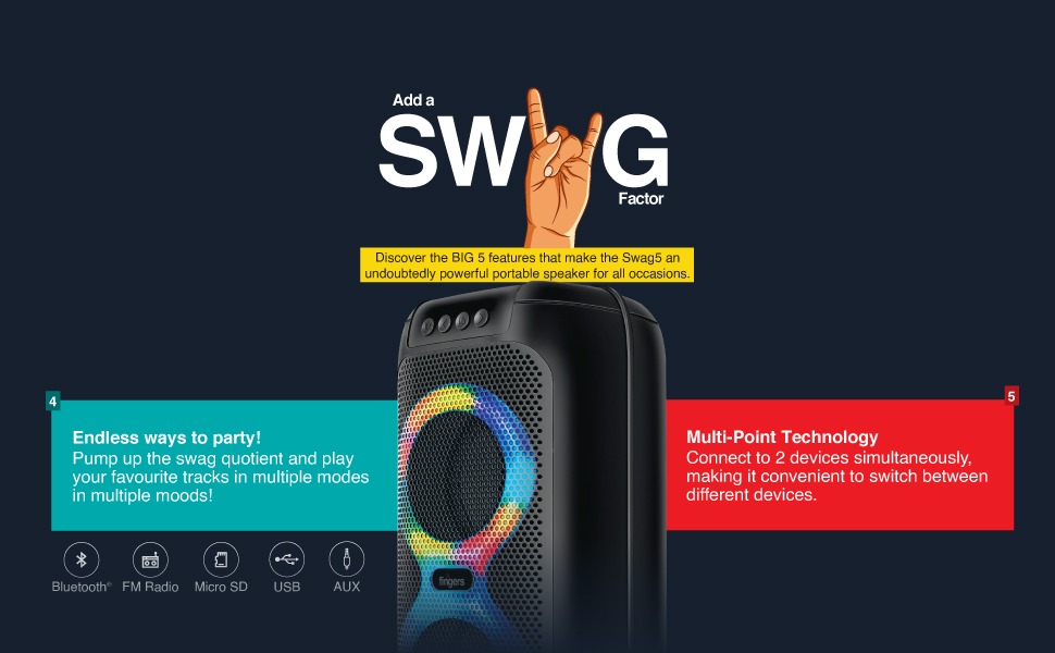 FINGERS Swag5 Bluetooth Portable Speaker (with RGB Lights, 10 W Deep Bass, FM, USB, MicroSD, AUX, Mic in (6.35 mm), Multi-Point Technology, Provisional Slot for Wired/Wireless Mic)