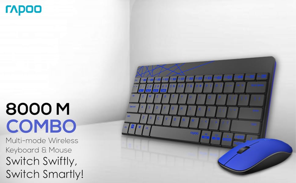 Rapoo 8000M Multi-Mode Keyboard and Mouse Set Bluetooth 3.0/4.0 Wireless 2.4 GHz 1300 DPI Combo- Black