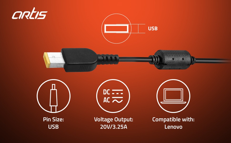 Artis AR0506 65Watt Laptop Charger/Adapter with Power Cord Compatible with Lenovo Laptops (20V/3.25A, 65Watt) (USB Pin)