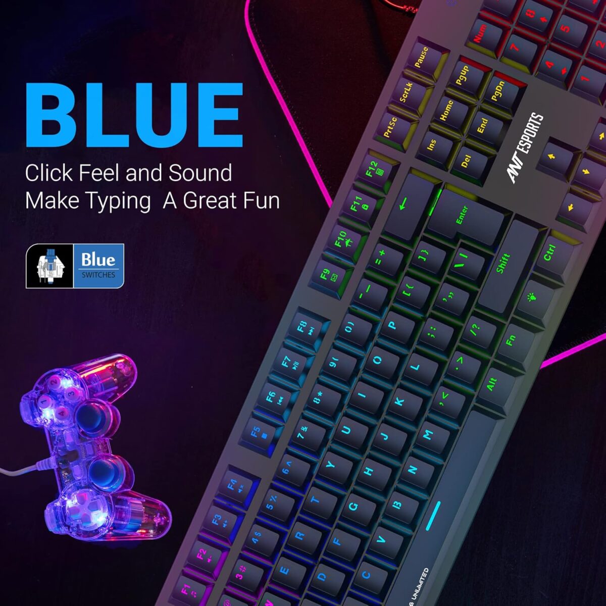 Ant Esports MK3400 V3 Pro Mechanical Gaming Keyboard, RGB 104 Keys Ultra-Slim LED Backlit USB Wired Keyboard with Blue Switch, Durable Keycaps/Anti-Ghosting/Spill-Resistant Mechanical Keyboard for PC