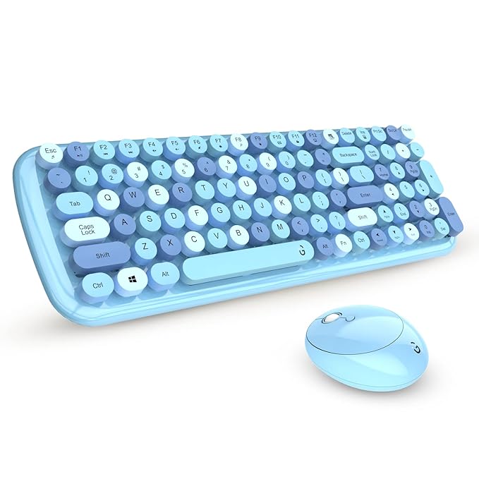 i Gear KeyBee Retro Typewriter Inspired 2.4GHz Wireless Keyboard with Mouse Combo for Desktop/Laptop and Devices with USB Support, Single Nano Receiver, Round Keycaps, Cleaning Brush (Blue)