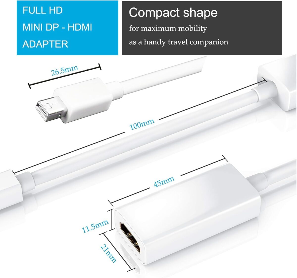 Mini DisplayPort to HDMI, Mini DP to HDMI Full HD Adapter Thunderbolt 1 & 2 Compatible Nickel-Plated Connector Cord Compatible for MacBook Pro, MacBook Air, Mac Mini, Microsoft Surface Pro 3/4