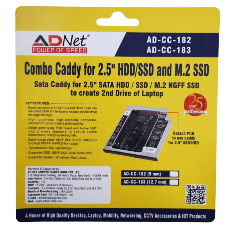 AD-CC-182 Adnet Combo Caddy For 2.5" HDD/SSD and M.2 SSD 9.5mm / 12.7mm