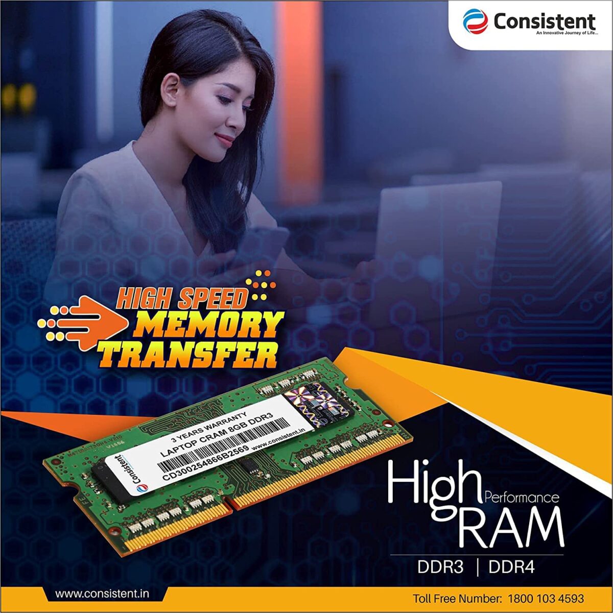 Consistent 8 GB DDR3 1600 MHz Speed Laptop RAM (Single Channel-12800 Series) with 3 Years Replacement Warranty from Manufacturer