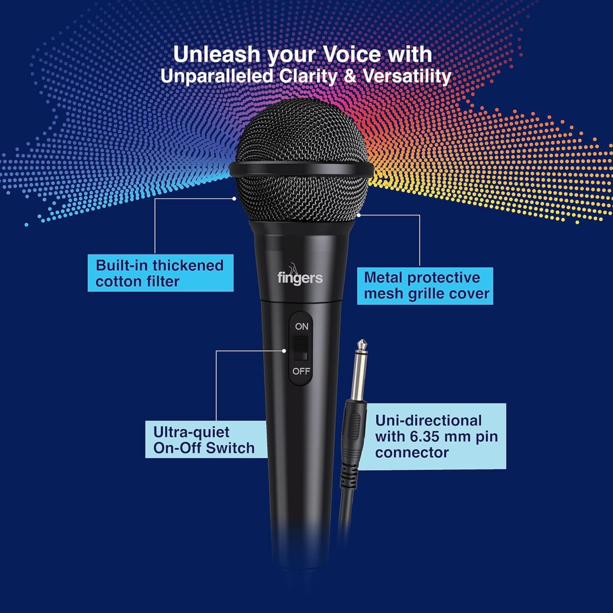 FINGERS Mic-W5 Wired Microphone (with 6.35 mm pin Connector, Ultra-Quiet On-Off Switch, Durable Construction, Ideal for Live Performances - Indoors & Outdoors)